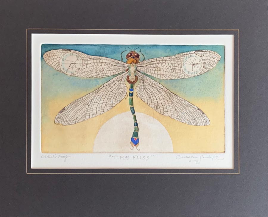 Dragonfly, painted etching from 'Time Flies' (Charles van Sandwyk, 1995)