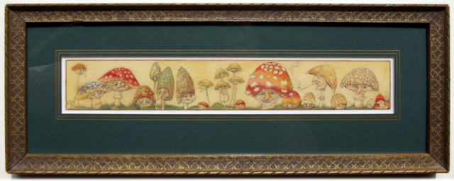 Mushroom Folk, framed watercolour (Charles van Sandwyk, 1997)