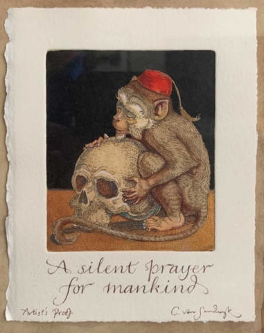 Silent Prayer [monkey and skull], etching from Animal Wisdom (Charles van Sandwyk, 1999)