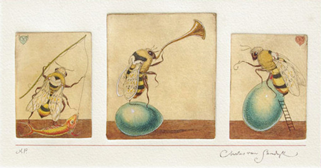 Three Bees, painted etching (Charles van Sandwyk, 2001)