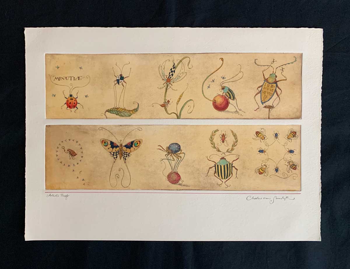 Minutiae [tiny fantastical beetles and bugs], painted etching (Charles van Sandwyk, 2001)