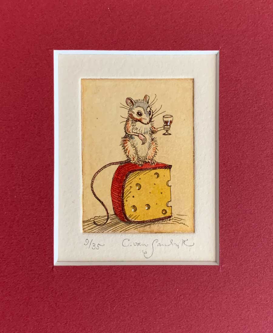 Mouse With Brandy and Cheese [and wine glass], painted etching (Charles van Sandwyk, 2002)