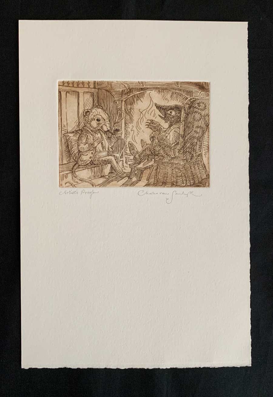 Fireside Chat, etching from 'Wind in the Willows' (Charles van Sandwyk, 2005)