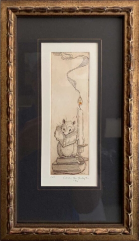 Literary Mouse [reading mouse with books, and candle], framed etching (Charles van Sandwyk, 2005)