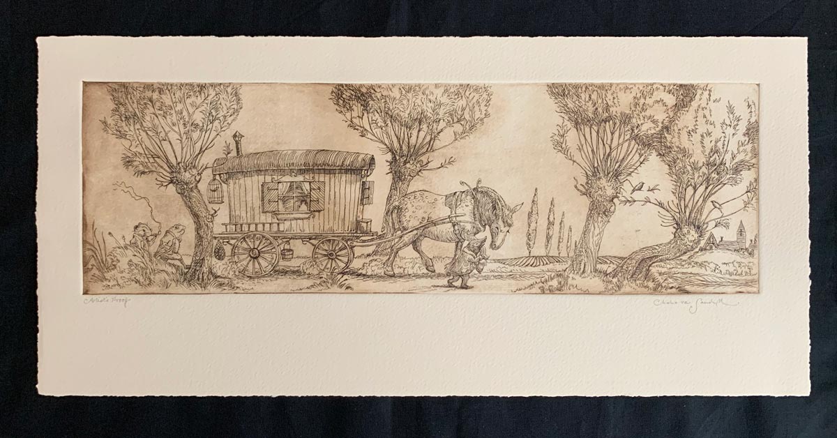 Open Road [mole, toad, ratty, horse pulling carriage in woods], etching from 'Wind in the Willows' (Charles van Sandwyk, 2005)