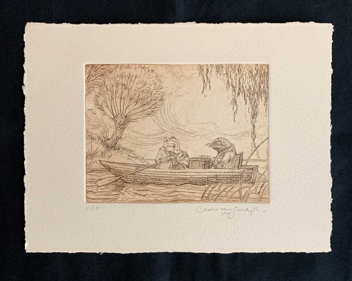 Ratty and Mole in Rowboat, etching from 'Wind in the Willows' (Charles van Sandwyk, 2005)