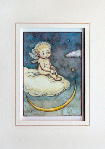 Elf Boy watercolour [fairy on cloud with moon] (Charles van Sandwyk, 2010)