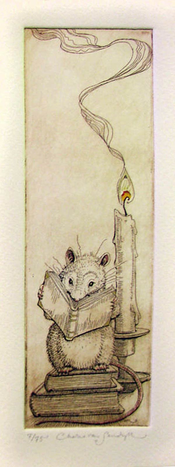 Literary Mouse [reading mouse with books and candle], etching with gilt (Charles van Sandwyk, 2011)