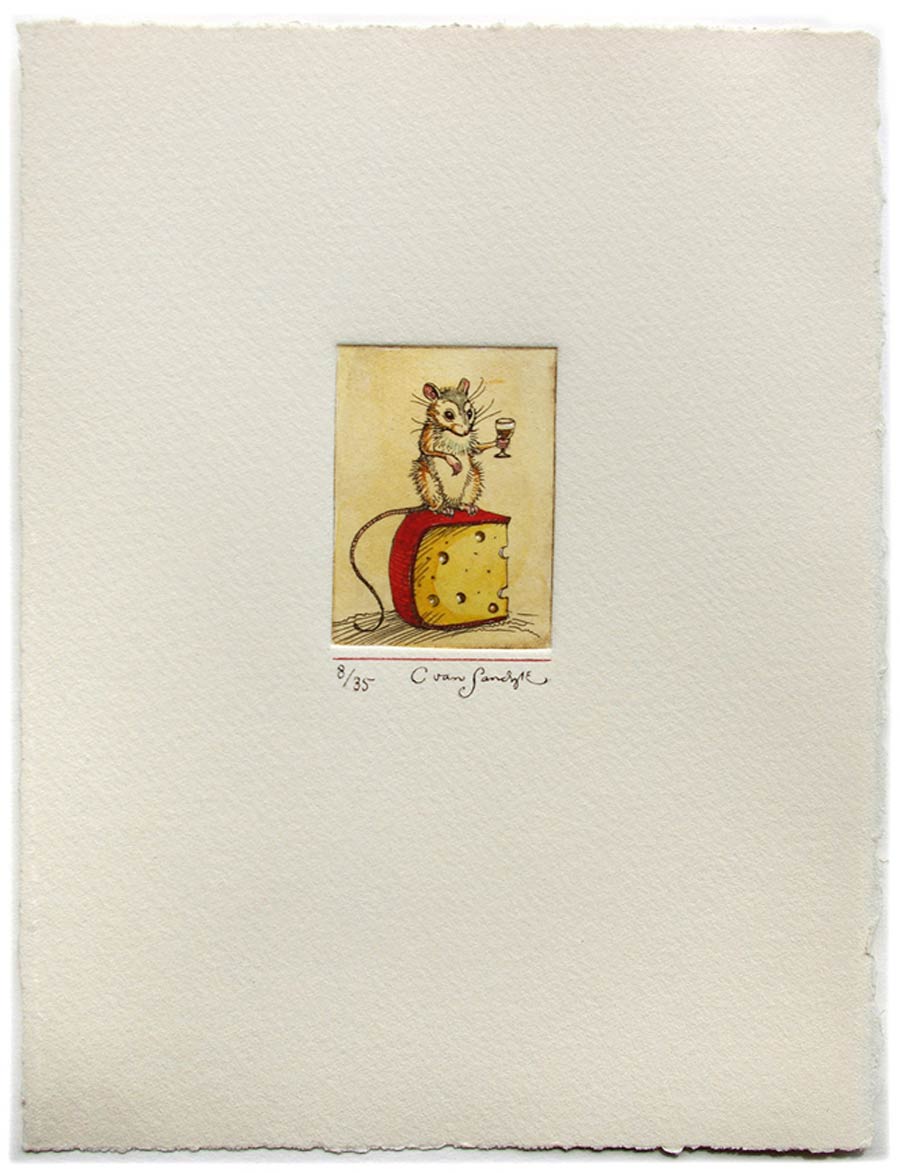 Mouse, cheese and brandy [mouse holding wine glass], painted etching (Charles van Sandwyk, 2011)