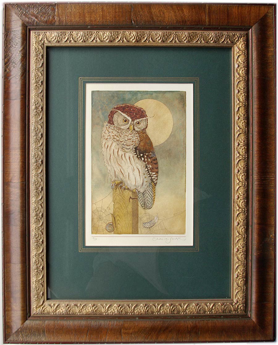 Solitary Owl, framed painted etching from 'Affairs of the Heart' (Charles van Sandwyk)