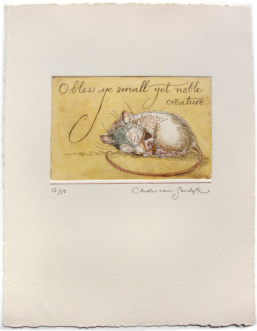 O bless ye small yet noble creature [sleeping mouse], painted etching (Charles van Sandwyk)