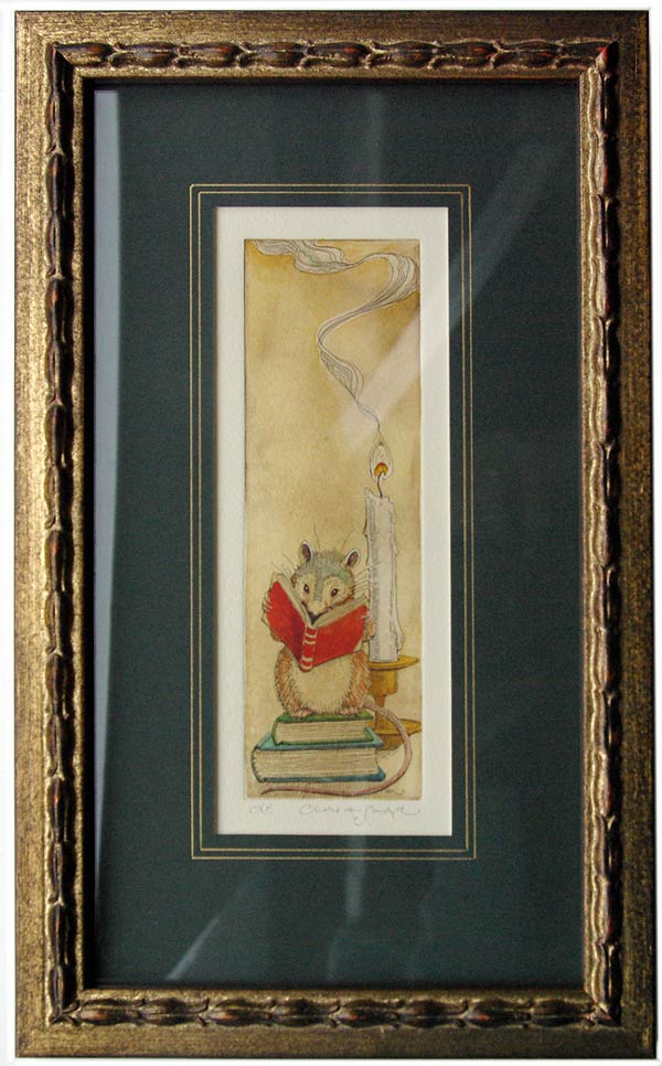 Literary Mouse, painted etching from 'I Believe' bookmark [reading mouse with books and candle] (Charles van Sandwyk, 2011)
