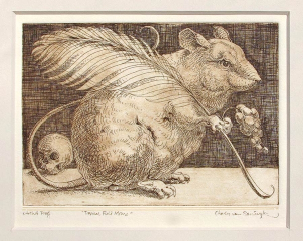 Tropical Field Mouse [with feather quill, grapes and skull], etching (Charles van Sandwyk)