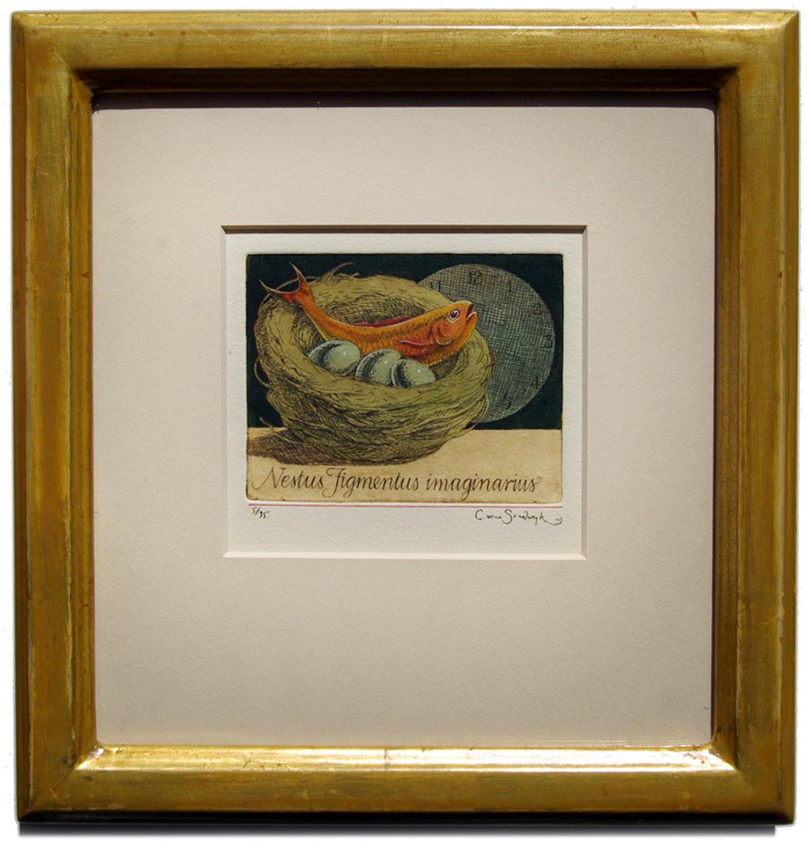'Nestus Figmentus imaginarius' [fish and eggs in nest], framed painted etching (Charles van Sandwyk, 2012)