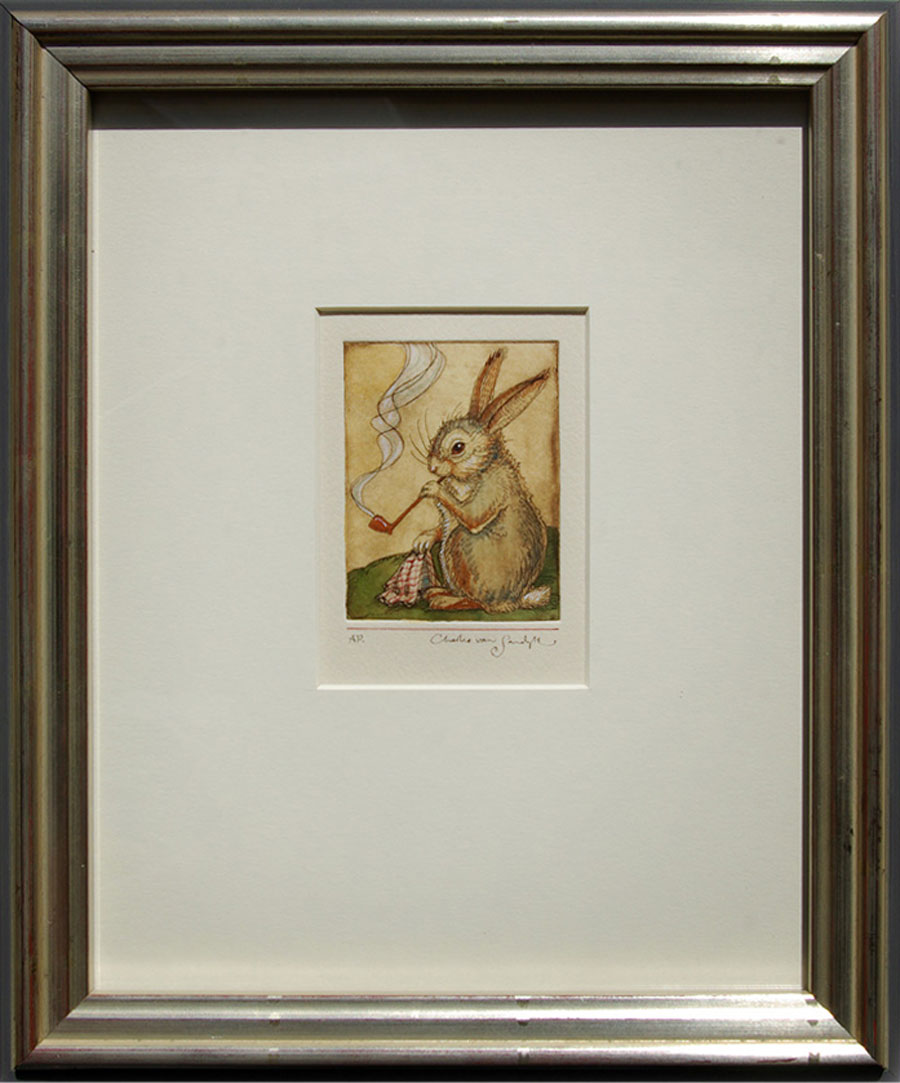 Smoking Rabbit, framed painted etching (Charles van Sandwyk, 2012)