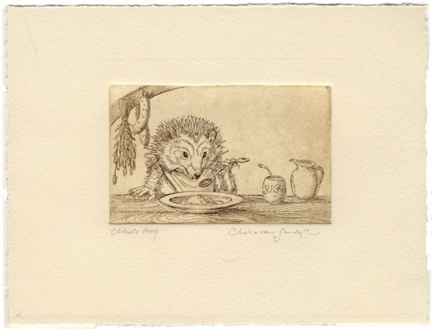 Hedgehog with porridge etching (Charles van Sandwyk, 2013)