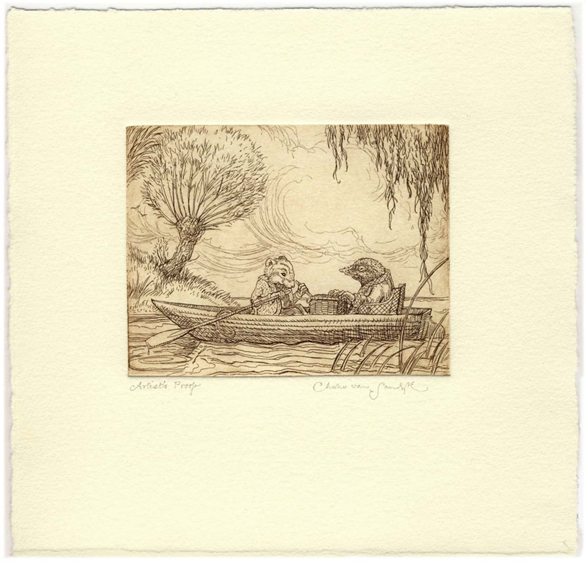Ratty and Mole Boating, etching from 'Wind in the Willows' (CvS, 2013)