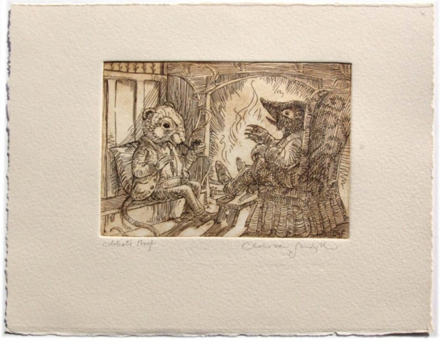 Fireside Chat etching from 'Wind in the Willows' (CvS, 2013)
