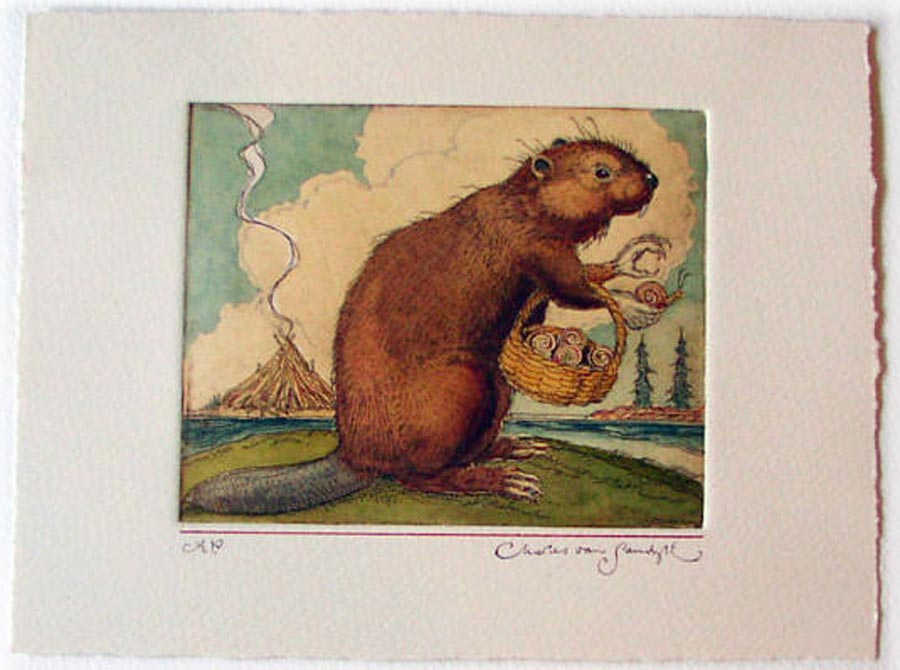 Beaver with Freshwater Snails, painted etching from Canadian Content (Charles van Sandwyk)