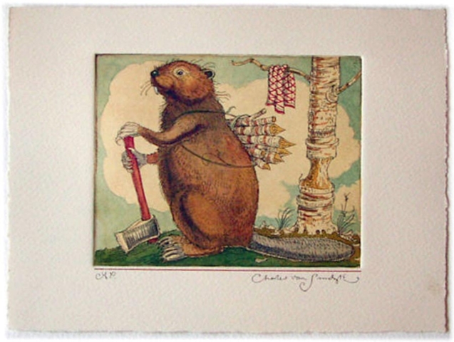 Beaver with Twigs [and axe], painted etching from Canadian Content (Charles van Sandwyk)
