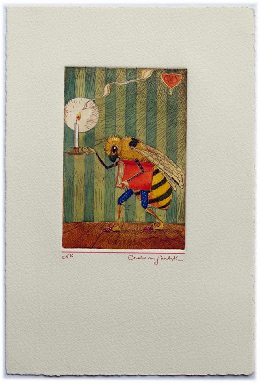 Bee Book and Candle, painted etching (Charles van Sandwyk)