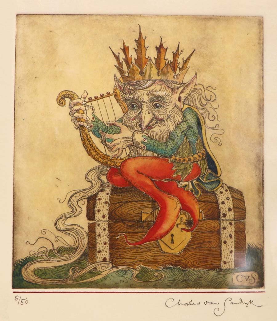 Gnome King with Harp [sitting on treasure chest], painted etching from The Gnome King's Treasure Song (Charles van Sandwyk)