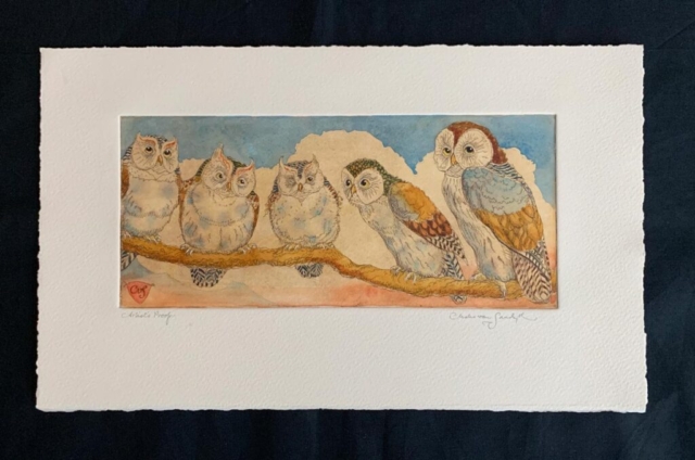 Owls on a Branch, painted etching (Charles van Sandwyk)