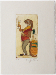 Weasel with Champagne, painted etching (Charles van Sandwyk)